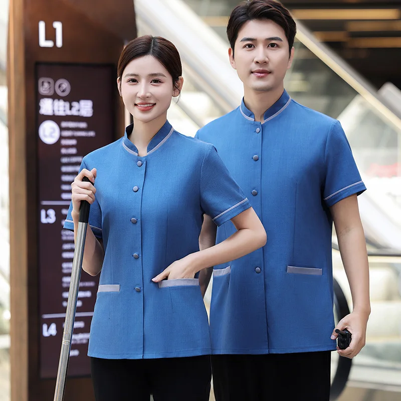 โรงแรมทําความสะอาดห้องพนักงานชุดแขนสั้น Mall สํานักงานขายทรัพย์สินทําความสะอาดป้า Workwear ชุด Unisex