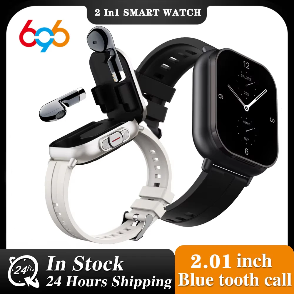 2.01" Headset 2 in 1 Smart Watch BT Call Blue Tooth Headphones Watches Heart Rate Sport Fitness Bracelet TWS Earphone Smartwatch