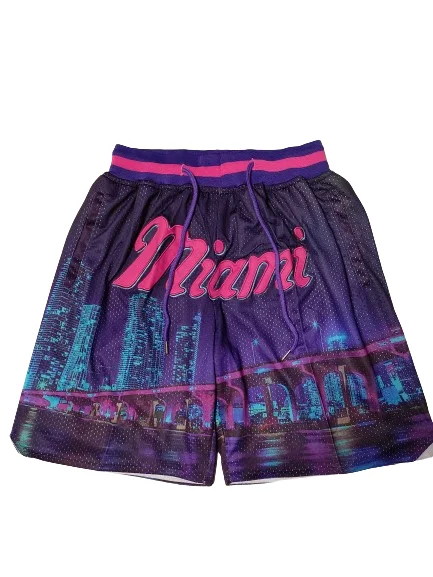 

Miami City Night View Basketball Shorts Fashion Mesh Beach Pants Four Pockets Embroidery Sports Shorts