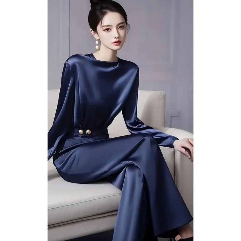新作・高品質サテン秋レディースツーピースセット エレガントオフィスレディ長袖ブラウストップス＋ワイドレッグパンツスーツ セレブリティ