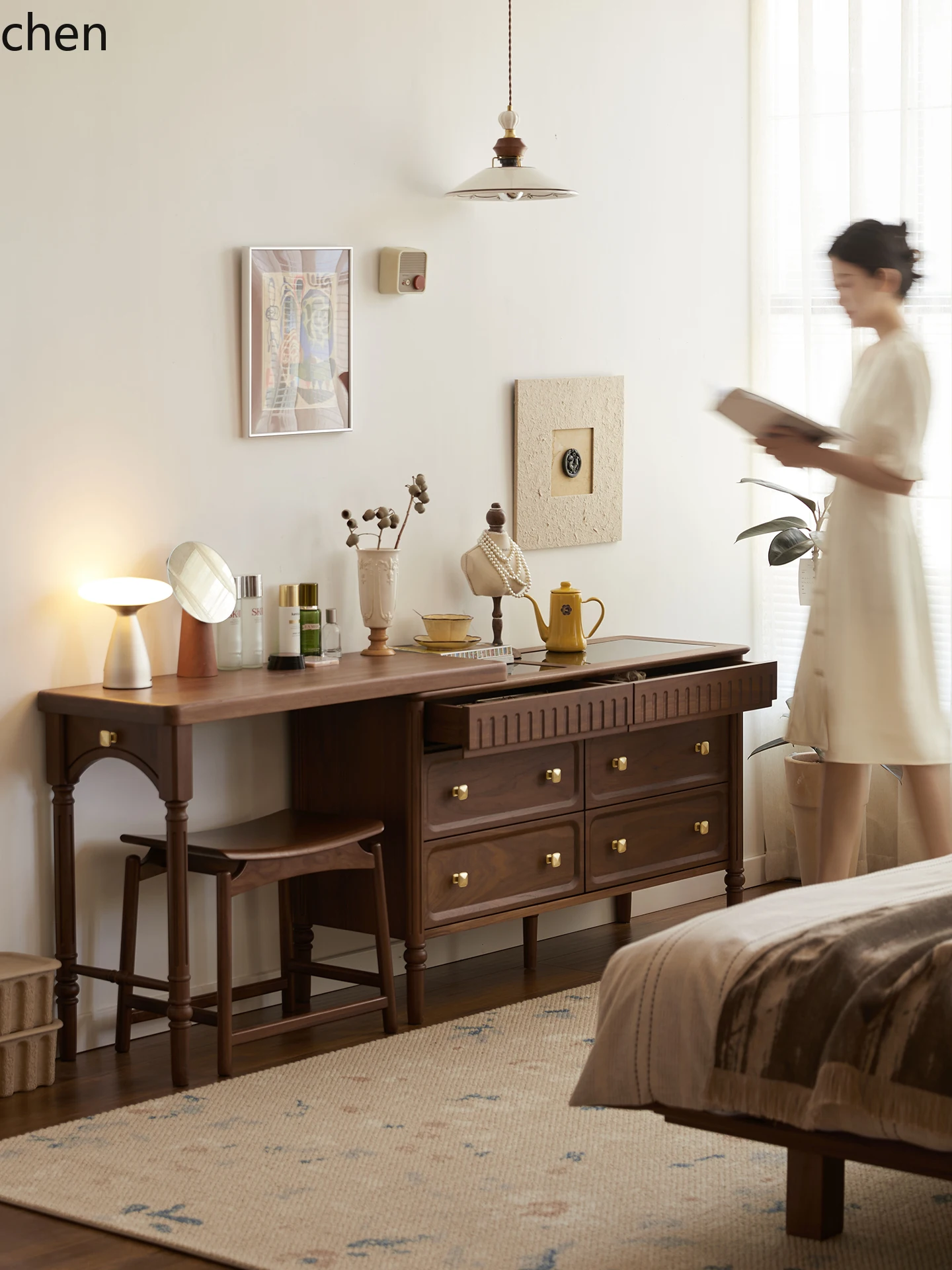 

QZT black walnut dresser bedroom solid wood makeup table