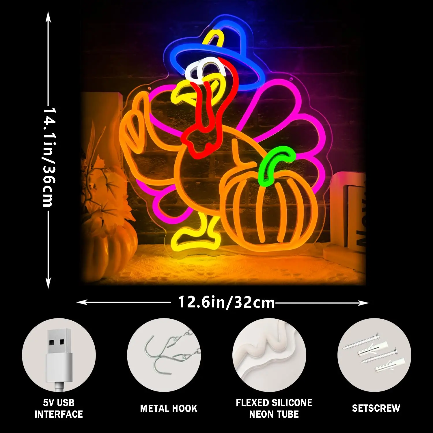 Pumpkin Turkey LED Neon Sign for Wall Decor Thanksgiving Glowing USB Powered Dimmable for Fall Harvest Home Decor Party Gift