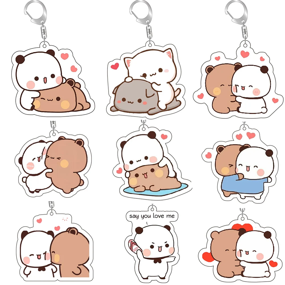 Anime Dudu Bubu Key Chain Super Cute Couple White and Grey Couple Bear Panda Acrylic Keychains Ring for Accessories Bag Pendant