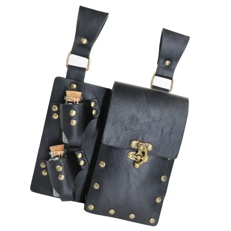 

652F Medieval Leather Belt Pouches With 2 Potion Bottle Halloween Wizard Waist Pouches Side Pack Halloween Costume Accessory