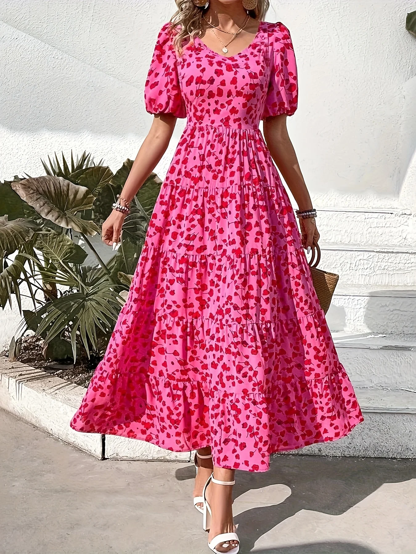 ITOOLIN Damen-Kleid mit Puffärmeln, plissiert, bedruckt, lässig, A-Linie, langes Kleid, Abendkleid, Urlaubskleid, Frühling, Sommer, Vestidos