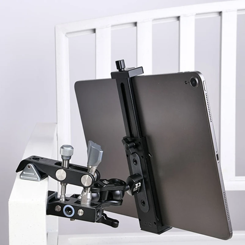 E56B XJ-15 Metal Tablet Clamp Phone Holder Stand Tripod Clip with Cold Shoe Mounting Port 130-230mm/5.1-9.0in Clamp Ranges