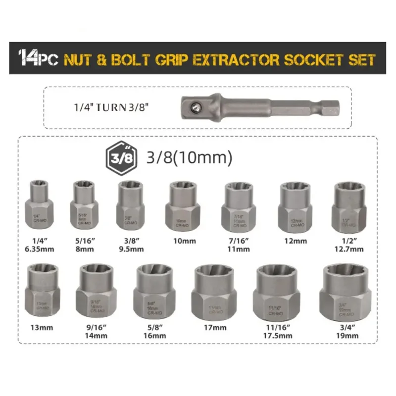14 Piece Set of Nut Extractor with Reverse Teeth, Sliding Teeth, Hexagonal Socket, Broken Screw, Damaged Nut Extractor