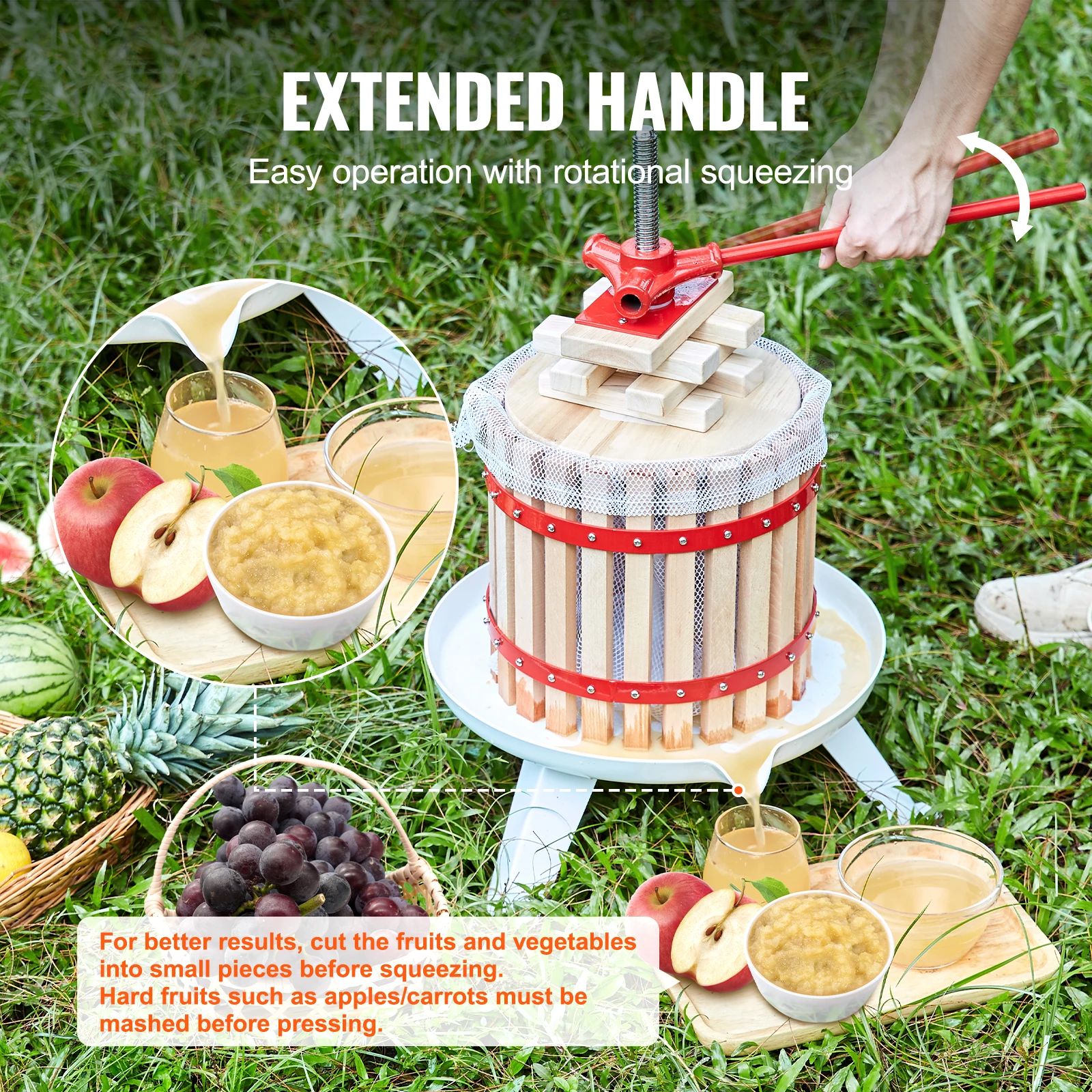 VEVOR ماكينة ضغط نبيذ الفاكهة 6L/18L/12L سلة من الخشب الصلب 6 أو 8 كتل صانع العصير اليدوي مع مقود القطب للمطبخ والمنزل
