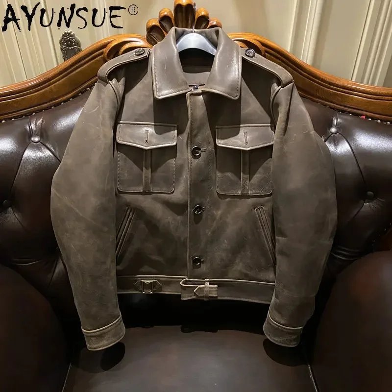 

AYUNSUE 2024 New Winter Jackets Men Genuine Leather Men's Pure Cowhide Motorcycle Jacket Coats Male Biker Warm Clothes Jaqueta