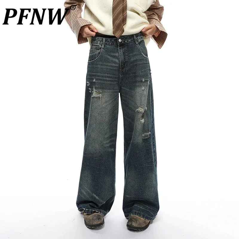 

PFNW Distressed Washed Damaged Scraped Street Jeans Male American Loose Straight Leg Pants Men's Denim Trousers Autumn 28W4245