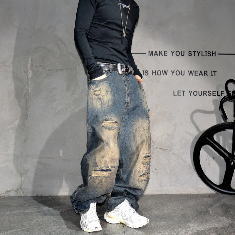 

Винтажные мужские джинсы с эффектом потертости и рваными элементами, широкие прямые джинсы в стиле стритвир
