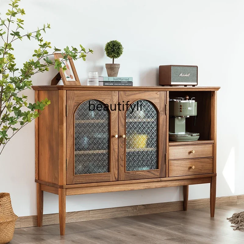 Nordic retro dining side cabinet old teak storage cabinet all solid wood glass arched storage tea cabinet