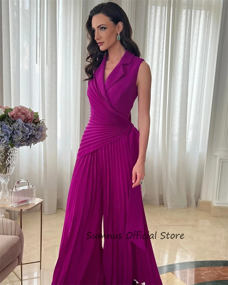 SUMNUS Fashion Purple Pants Prom Gowns V Neck Sheath Party Dress For Women Custom Satin Evening Dress Arabic Outfit Formal Gowns