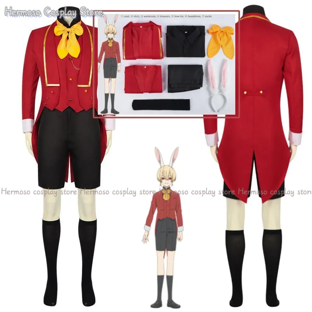 

Anime Bye-Bye Earth Adenis Cosplay Costume Man Boys Bunny Ears Vest Short Socks Red Tuxedo Coat for Party Halloween Xmas Con