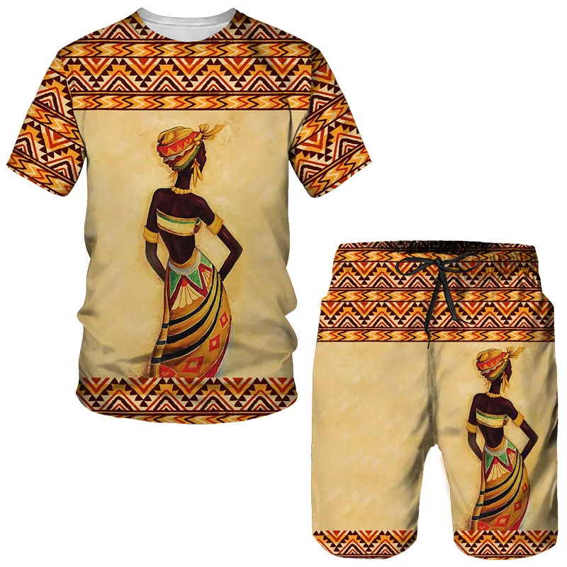 Fashion Men Summer Crew Neck Short Sleeve Top/Shorts/Retro Ethnic Style African Clothes Street Outfits Men\'s Leisure Sports Suit