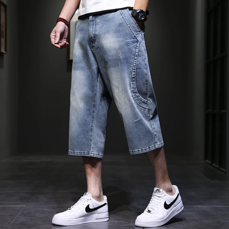

Летние тонкие свободные мужские джинсы 7/8 длины, повседневная рабочая одежда, смесь хлопка и полиэстера, молодежный стиль, прямой крой, свободный крой, шорты