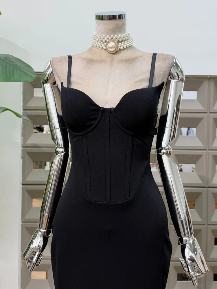 Dfdg feminino primavera verão preto cami espartilho vestido bodycon midi elegante festa formal wear 2025 na moda vestido de moda feminina