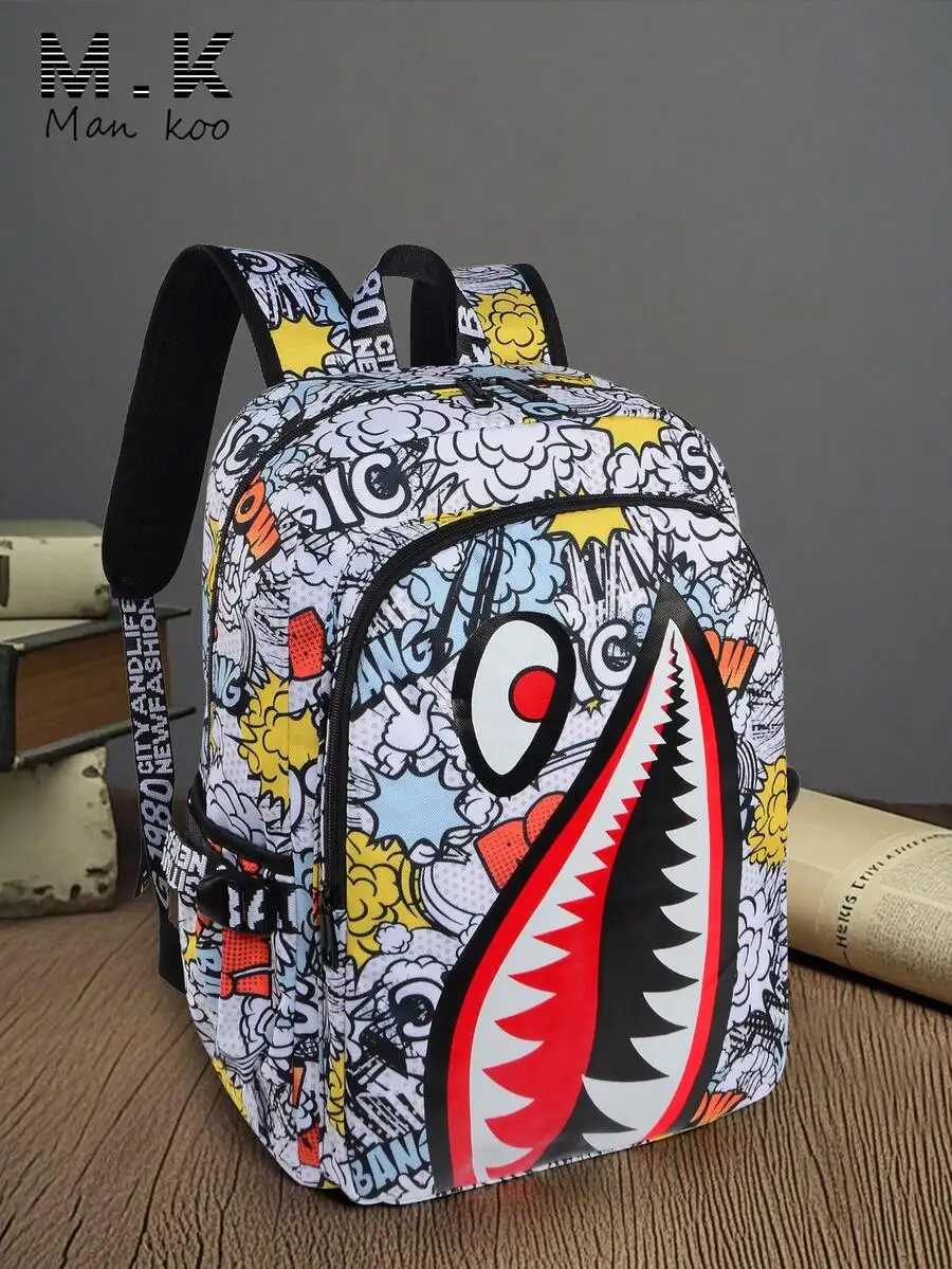 

New Money Flower Camo Shark Mouth Backpack: Water-Resistant Laptop School Bag for Students