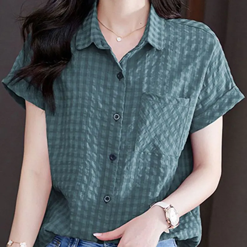 Women\'s Clothing Fashion Plaid Blouse 2024 Commute Single-breasted Casual Pockets Patchwork Summer Turn-down Collar Loose Shirt