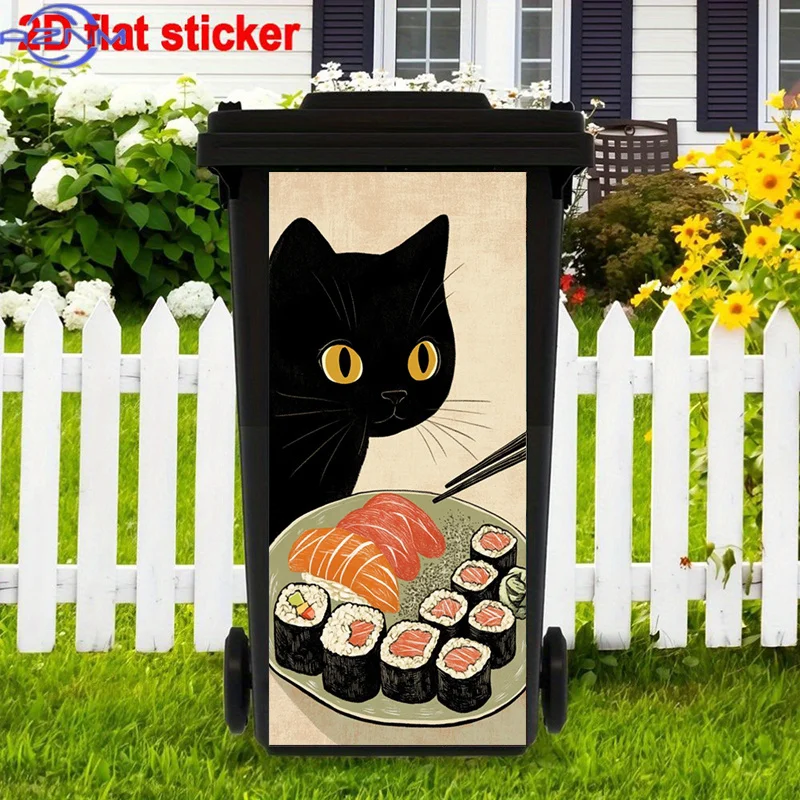 Set of 1 Flat Black Cat Stickers for Trash Cans, Perfect for Sushi Enthusiasts. These Self-Adhesive Illustrations Add a Beauti