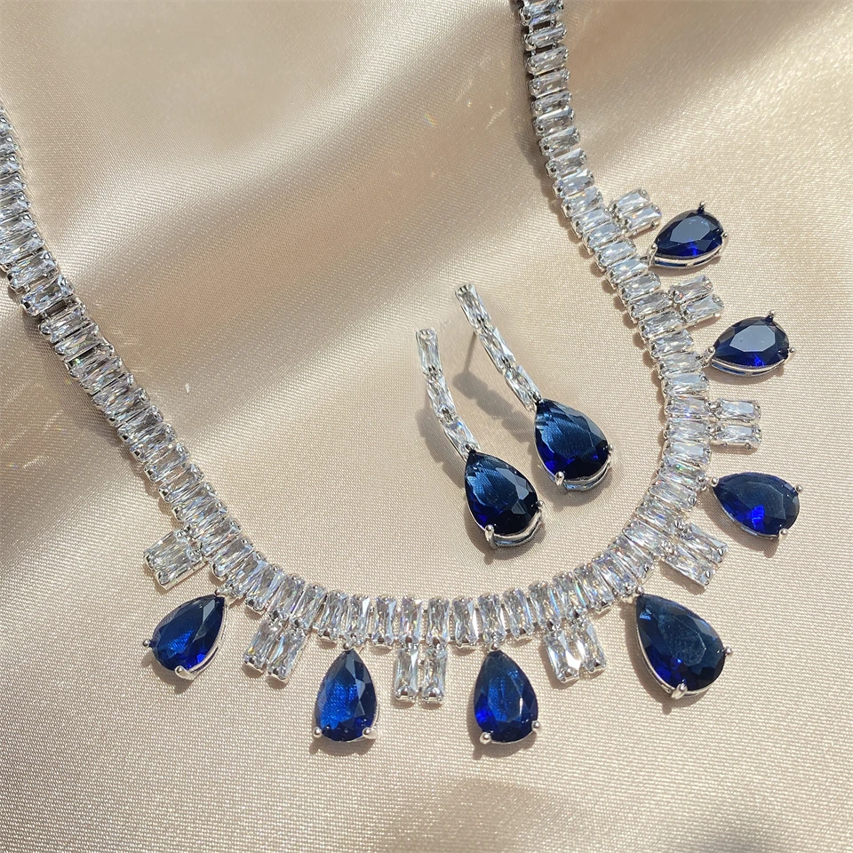 ZAKOL Funkelndes AAA-Kubikzirkonia-Set mit großen Wassertropfen-Ohrringen und Halskette, luxuriöser Brautschmuck für Hochzeiten und Partys – Detail 4