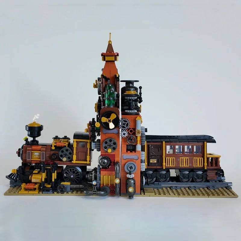 MOC Street View Steampunk Train Building Blocks City Urban Trains Bookends Model Bricks Toys For Kid Birthday Gift With LED