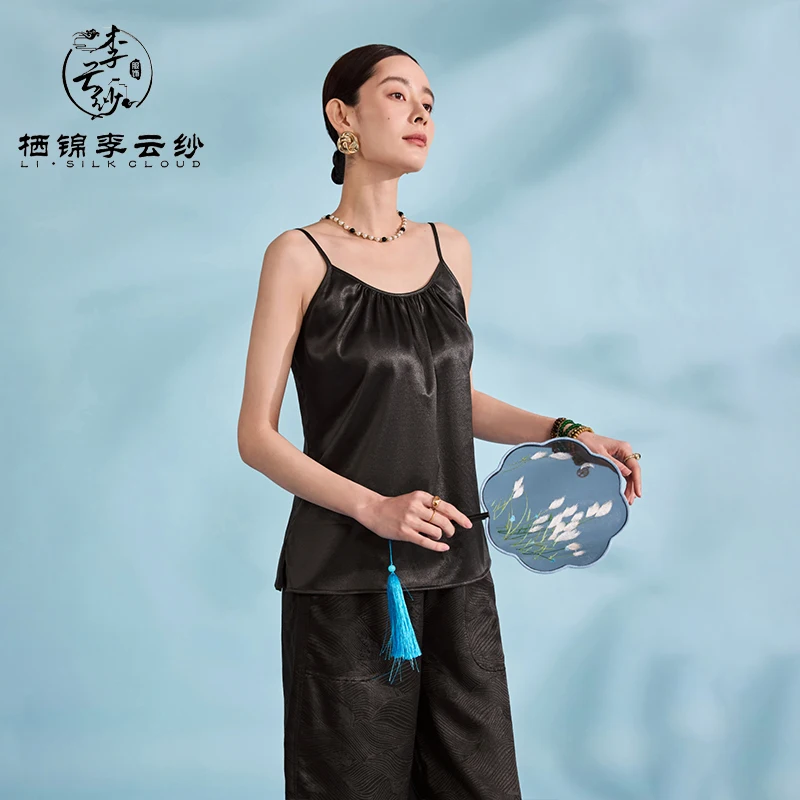 LI SILK CLOUD เสื้อสายเดี่ยว Xiangyunsha สีดําคลาสสิก - ผ้าไหมธรรมชาติ 100% ดีไซน์แขนกุดหรูหรา
