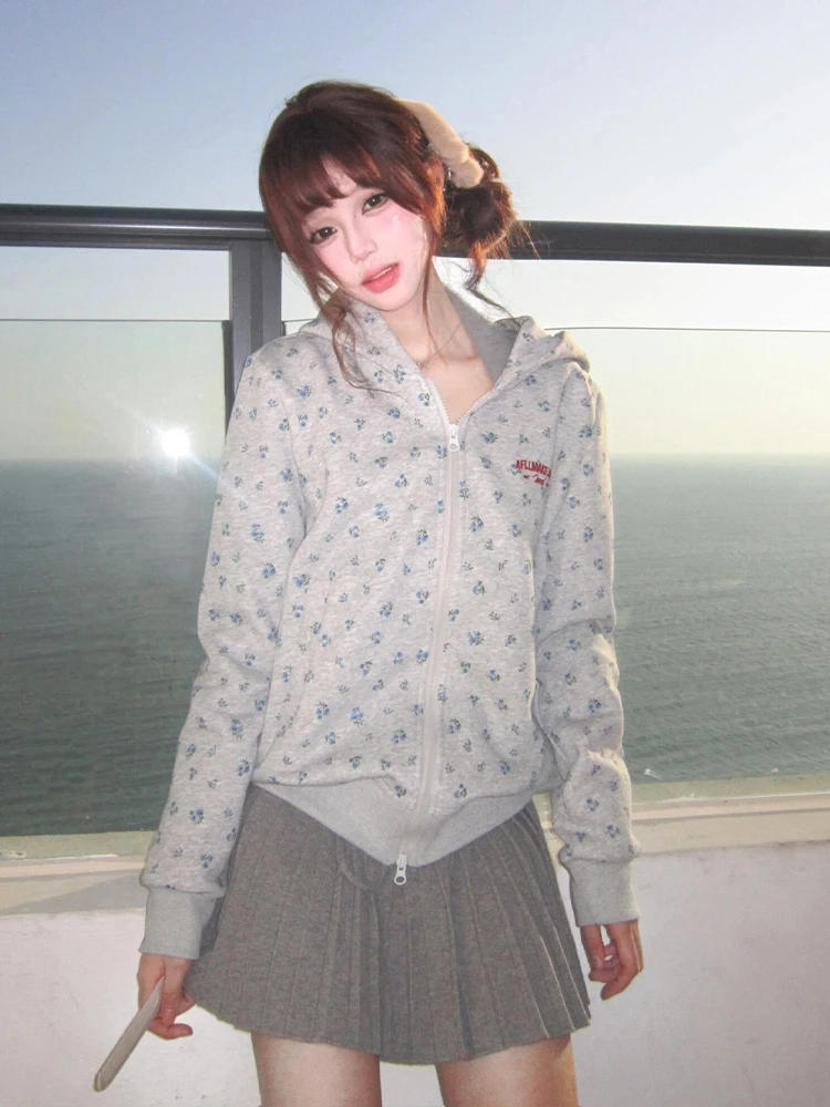 

American Sle Hooded Sweater Coat Women's Loose Pure Cotton Floral Zipper Hat irt Sweet Cool Top for Autumn Winter