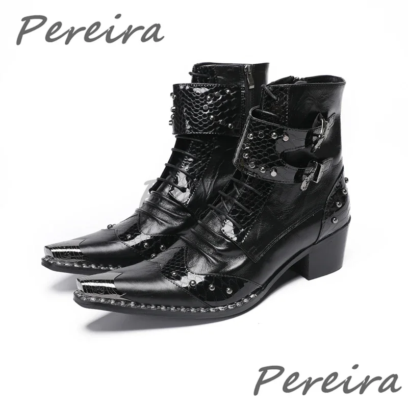 

Black Patent Leather Rivets Chelsea Boots Punk Metal Buckle Pointed Toe High Heel Short Boots Luxury Men's Business Dress Shoes
