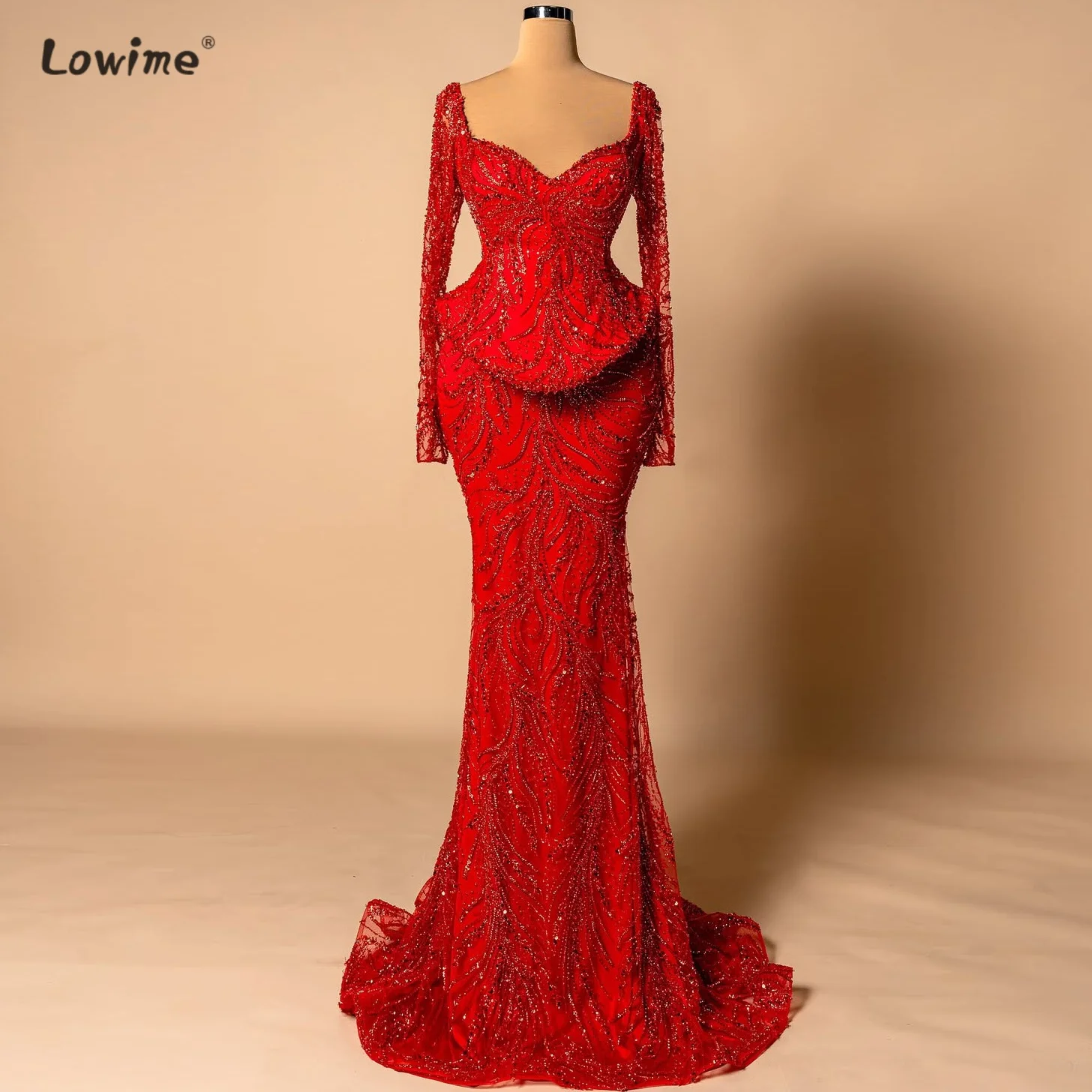 

Red Evening Dress Sequin Beaded Evening Gown Faux Two-Piece Dress Long-Sleeved Cocktail Dress Engagement Dress Custom Made