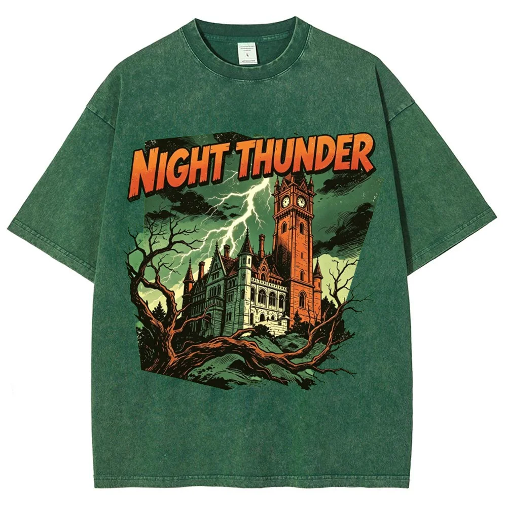 Men Women Vintage Gothic Graphic T Shirt Night Thunder Haunted Castle Lightning Storm Print Casual Short Sleeve Top ﻿