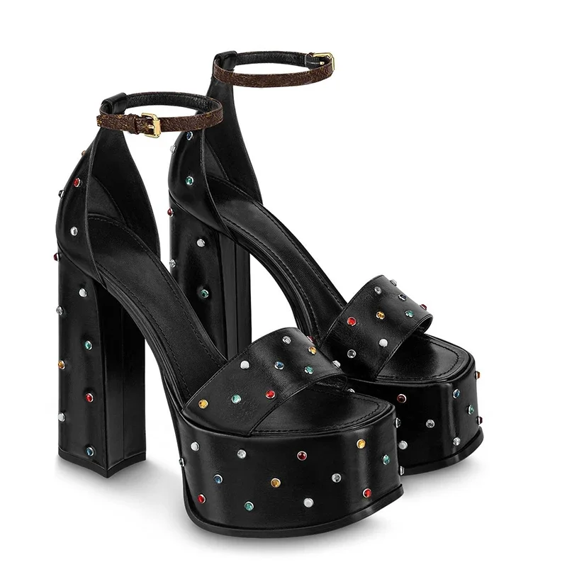 

Rhinestone Square Toe Platform Block Heel Sandals Woman Summer 2025 Black Open Toe Hollow Out High Heel Shoes for Women Luxury