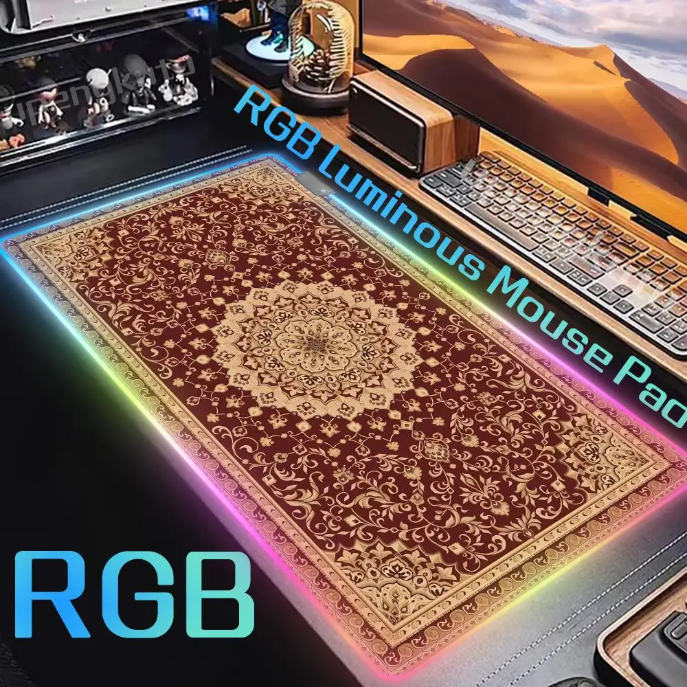 Retro Persian RGB MousePad Large Anti-Slip Rubber Gaming MousePad Durable Table Mat Edge Suitable Office and Gamer Long Desk Mat