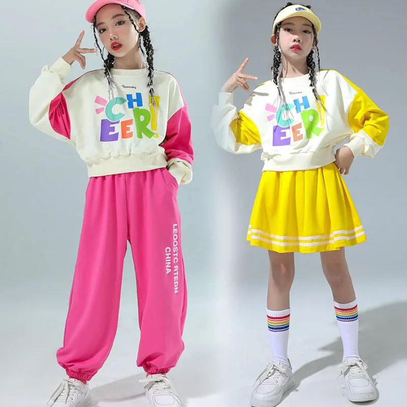 Boys Hip Hop Sweatshirt Joggers Pants Girls Street Dance Mini Skirts Children Sport Streetwear Clothes Sets Kids Jazz Costumes