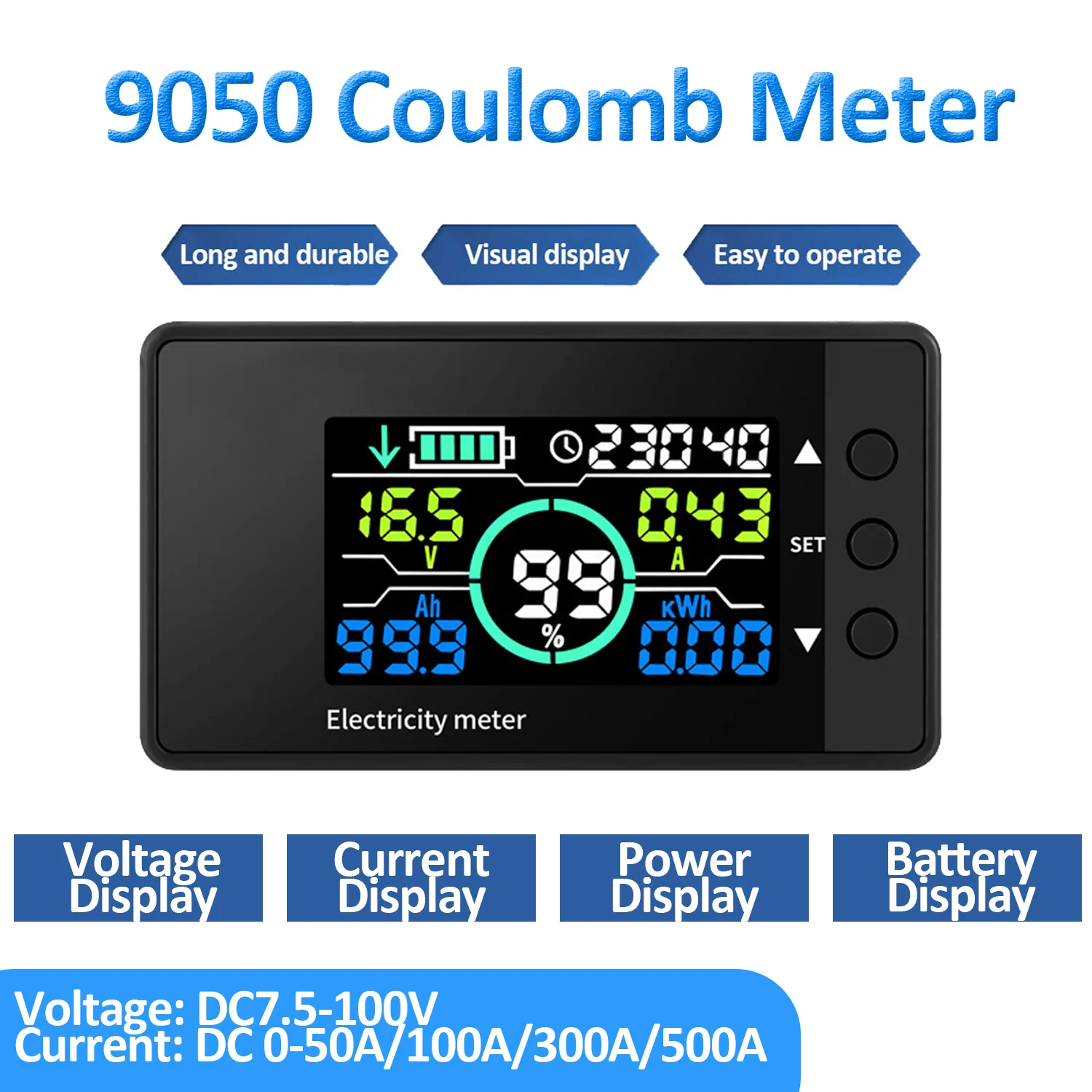 DC 7.5-100V Coulomb Meter Battery Tester Monitor 50/100/300/500A Voltmeter Ammeter Capacity Power Meter Electric Voltage Meter