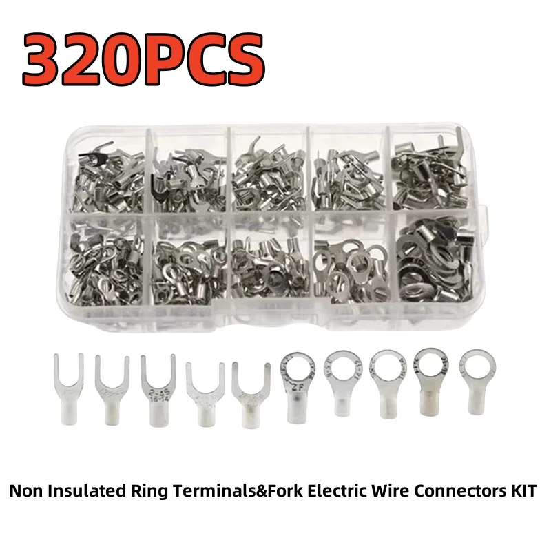 320PCS 10 type 10 in 1 with box Wire Connector Crimp Spade OT/UT Non Insulated Ring Terminals&Fork Electric Wire Connectors KIT