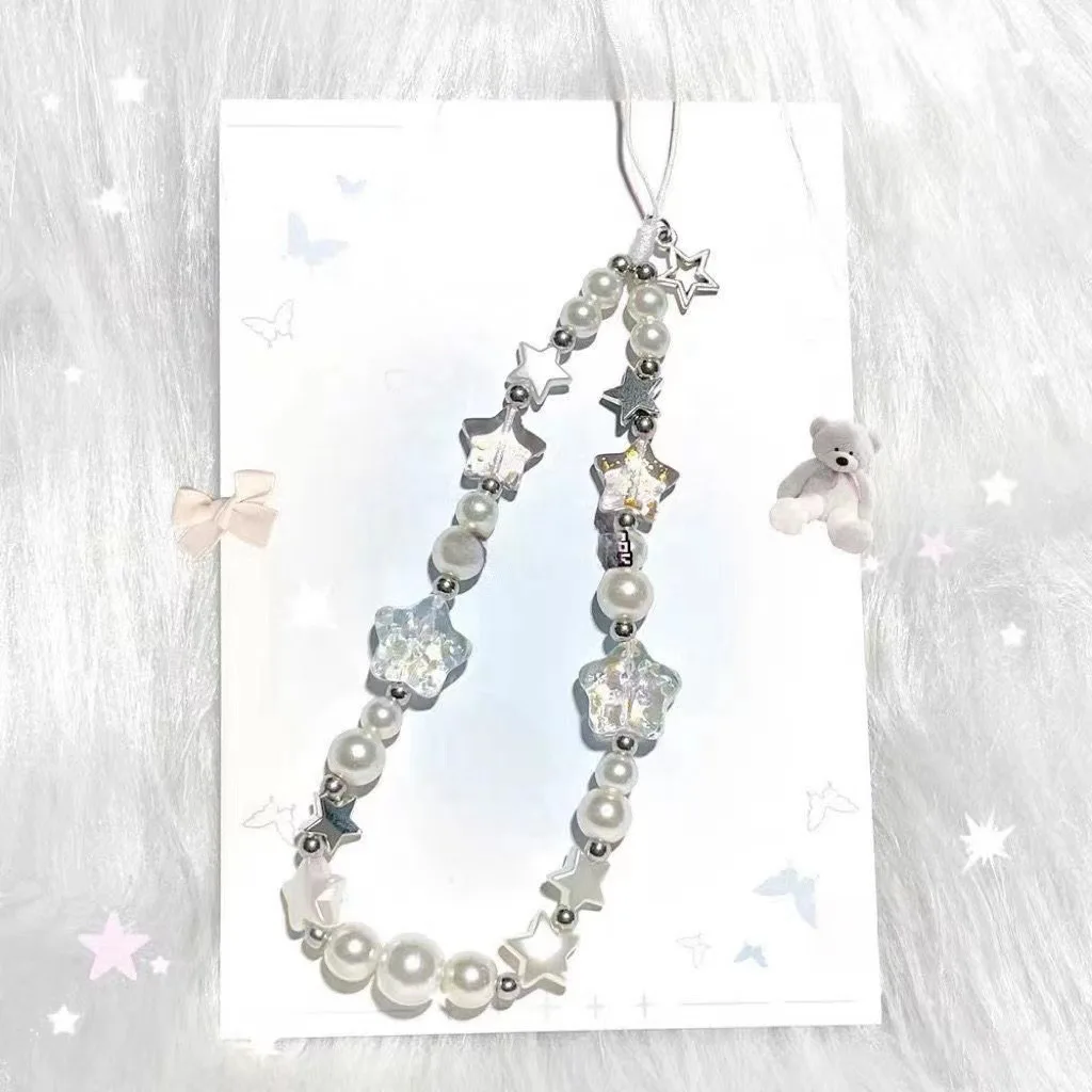 Mobile Phone Chain Korean Pearl Star Pendant Short Beaded Chain Mobile Phone Case Lanyard Girl's Wrist Hanging Accessories