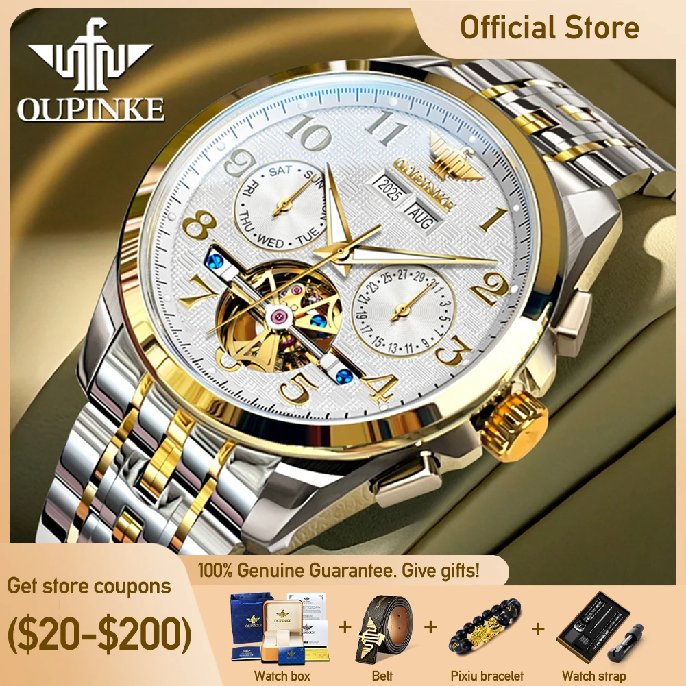 

OUPINKE 3263 Mens Watch Luxury Sapphire Automatic Mechanical Watches For Man Waterproof Luminous Calendar Week Watch Brand Gifts