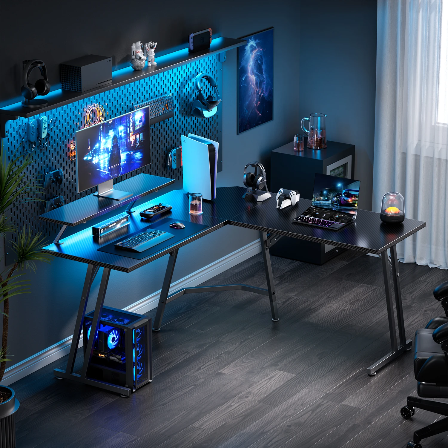 LED 조명과 모니터 스탠드가 있는 L자형 게이밍 책상 - Pc Gaming Center 리뷰 및 가격
