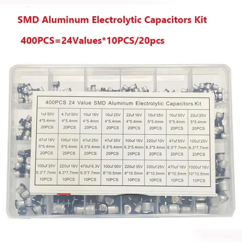 400PCS capacitor kit Aluminum Electrolytic SMD condensadores electrolíticos 1uF~1000uF 6.3V-50V 24Value with box kit de reparac