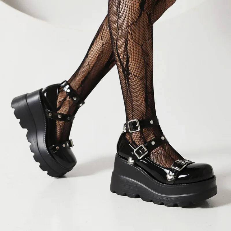 Women's Thick Heel Slope Followed by Buckle Strap Rivet Single Shoes Japanese Style Sweet Lolita Mary Jane Princess Ankle Shoes