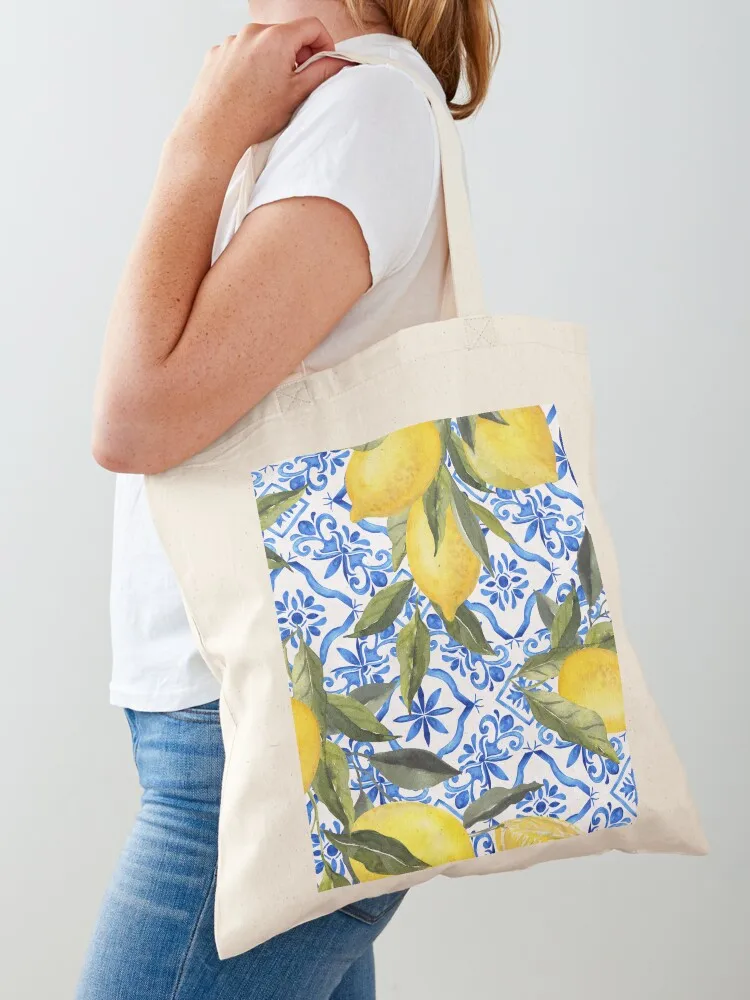 

Lemons on Blue Tiles Tote Bag shopping bag shopping bag logo Fabric Gift bags