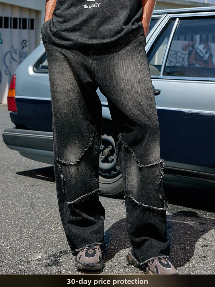 

Новые летние американские джинсы в уличном стиле с вышивкой, с рваным краем, широкие прямые, повседневные, свободного кроя, молодежные, модные