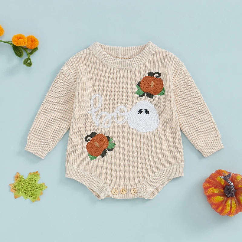 EWODOS Halloween Baby Girl Knit Romper Long Sleeve Crew Neck Pumpkin Ghost Bodysuit Sweater Baby Autumn Clothes for Casual Daily