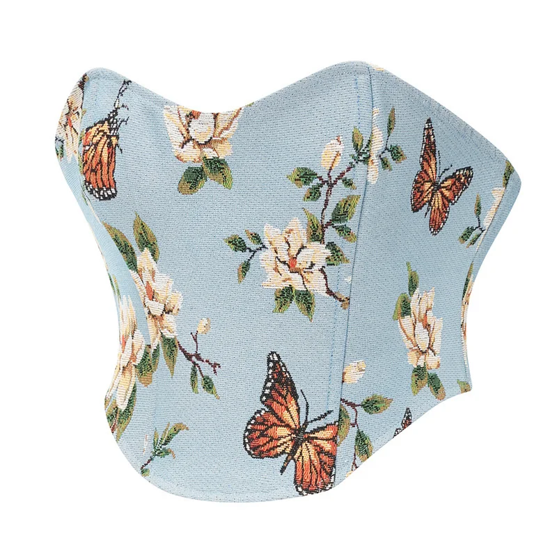 Blue Floral Butterfly Print Lace-up Overbust Corset Side Zip Vintage Gothic Lingerie Slimming Bustier Crop Top Women Corselet