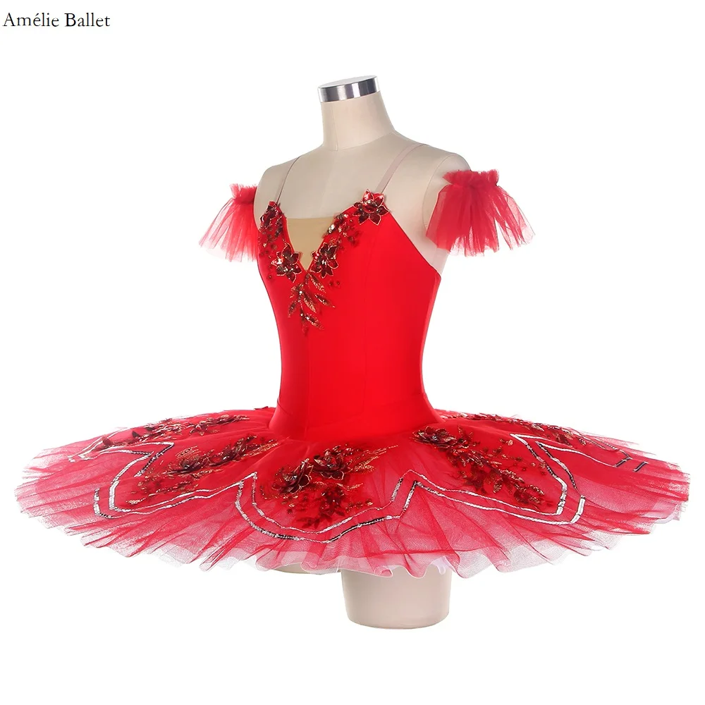 BLL462 Red Spandex Bodice Blue Pancake Tutu with Silver Sequin Trim Adult & Girls Pre-Professional Ballet Dance Tutu