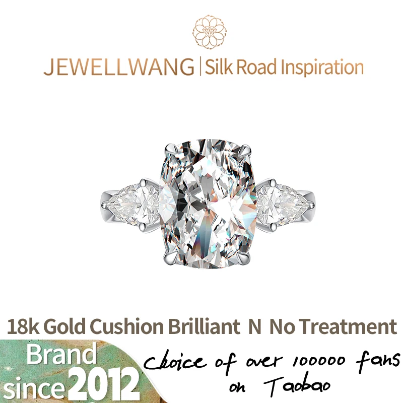 

JEWELLWANG, выращенное в лаборатории кольцо с тремя камнями и бриллиантом, геометрическая подушка, обручальное кольцо для ее камня Sansheng, вневременная любовь