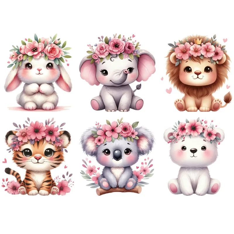 Flower Animal Rabbit Elephant Lion Iron On Heat Transfer Sticker For Clothes Pinted Vinyl Thermal Washable T-Shirt Decal