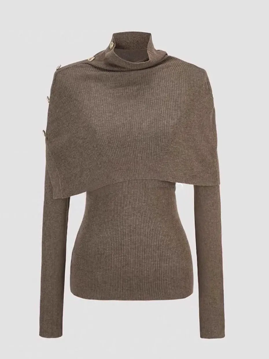 

Korean Style High Neck Knitted Sweater Women's Autumn Winter Base Layer Top with Shawl Cowl Neck Long Sleeve Fashionable