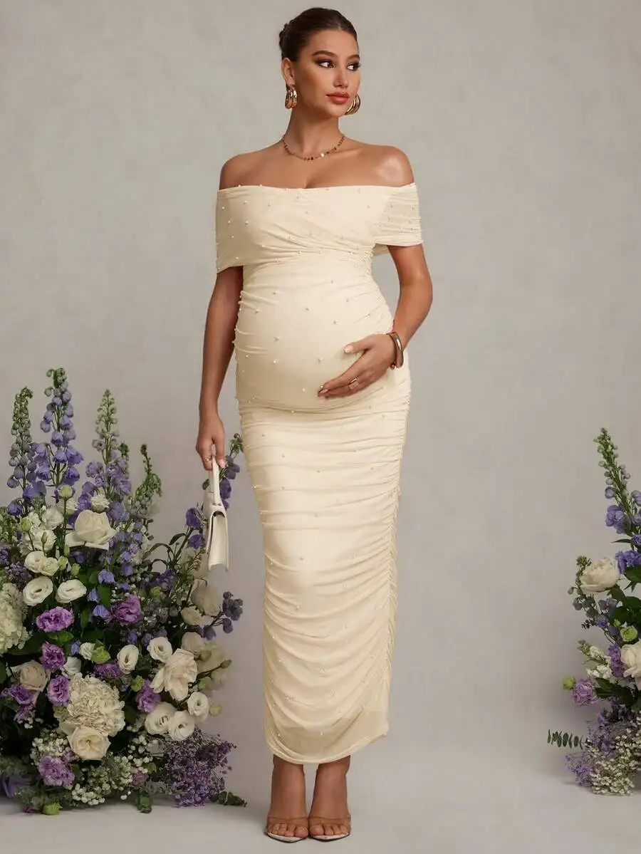

Elegant Faux Pearl Off Shoulder Maternity Party Dress